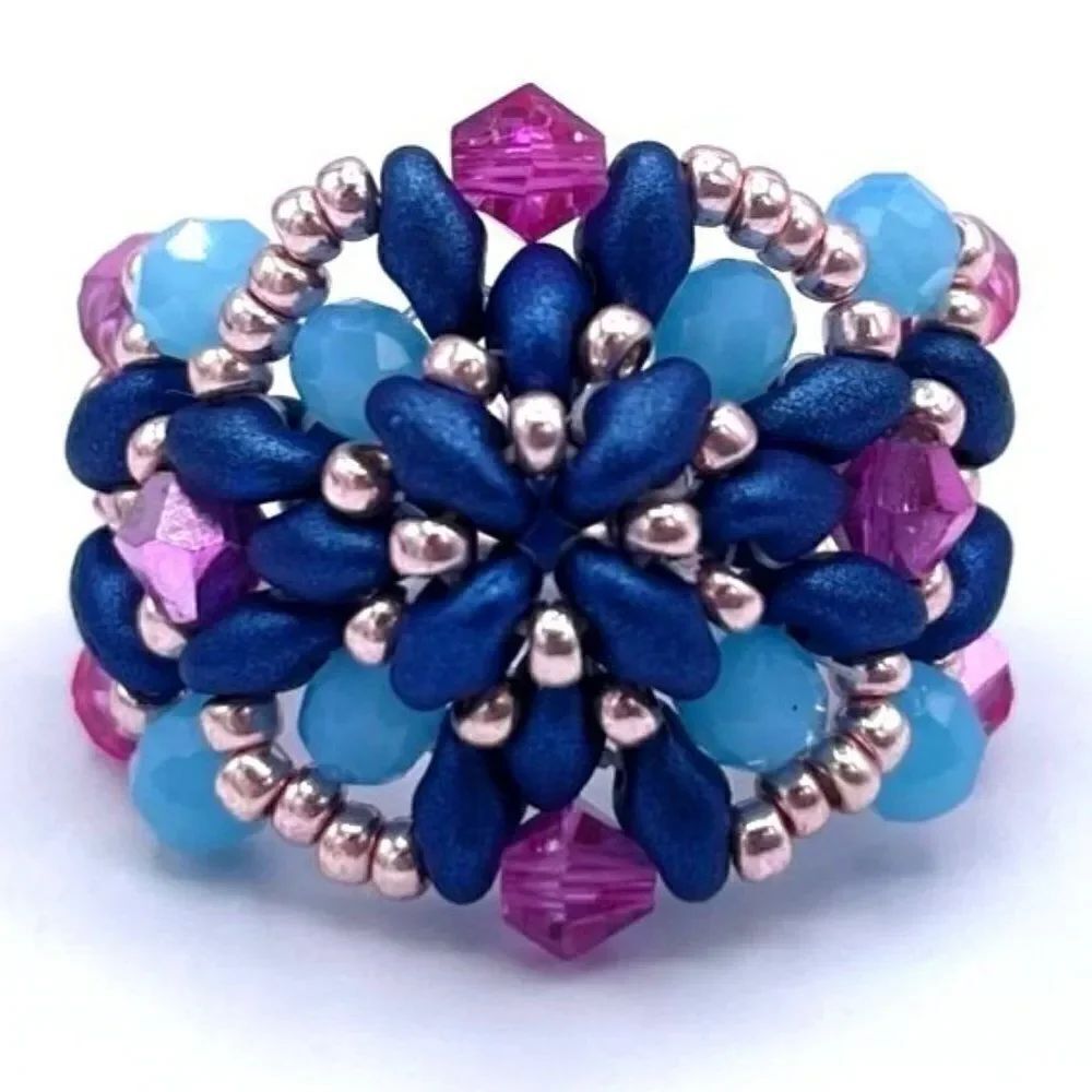 Navy Blue with Blue Opal and Pink Sapphire Crystal Beaded Statement Ring Size 6